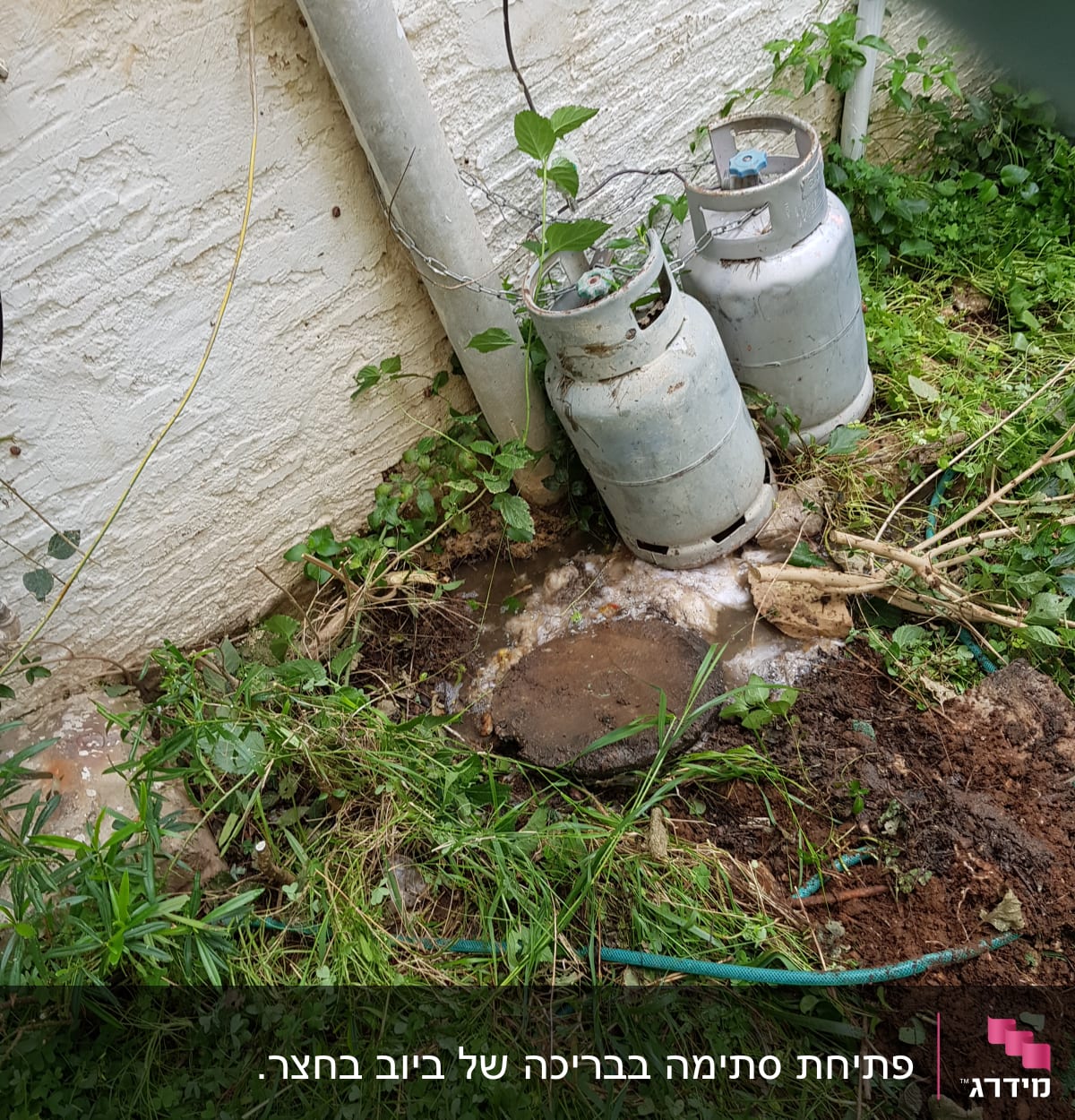 צינור מים ירוק על הקרקע ליד קיר